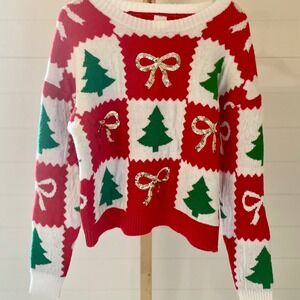 Holiday Time Christmas Tree Sequin Bow Sweater Womens‎ Small Red White